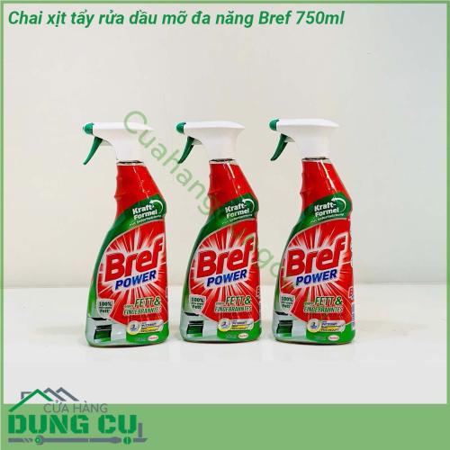 Chai xịt tẩy rửa dầu mỡ đa năng Bref 750ml tẩy sạch các vết dầu mỡ bám trên tất cả các loại bếp  bếp từ bếp điện bếp hồng ngoại và bếp ga  Nhờ công thức đánh tan dầu mỡ cực mạnh Nước xịt tẩy rửa đa năng Bref còn có thể sử dụng cho lò nướng vi sóng cũng như các vật dụng bằng inox và thép không gỉ trong nhà bếp của bạn