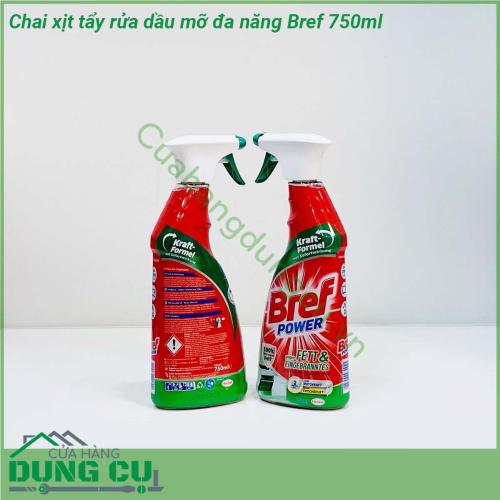 Chai xịt tẩy rửa dầu mỡ đa năng Bref 750ml tẩy sạch các vết dầu mỡ bám trên tất cả các loại bếp  bếp từ bếp điện bếp hồng ngoại và bếp ga  Nhờ công thức đánh tan dầu mỡ cực mạnh Nước xịt tẩy rửa đa năng Bref còn có thể sử dụng cho lò nướng vi sóng cũng như các vật dụng bằng inox và thép không gỉ trong nhà bếp của bạn