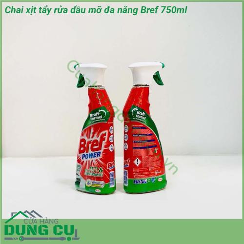 Chai xịt tẩy rửa dầu mỡ đa năng Bref 750ml tẩy sạch các vết dầu mỡ bám trên tất cả các loại bếp  bếp từ bếp điện bếp hồng ngoại và bếp ga  Nhờ công thức đánh tan dầu mỡ cực mạnh Nước xịt tẩy rửa đa năng Bref còn có thể sử dụng cho lò nướng vi sóng cũng như các vật dụng bằng inox và thép không gỉ trong nhà bếp của bạn