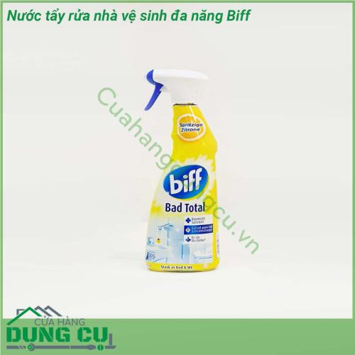 Nước tẩy rửa nhà vệ sinh đa năng Biff với công thức đặc biệt và hiệu suất làm sạch cực mạnh nhờ chức năng tạo bọt kép (loại bọt làm sạch cho phép bạn dễ dàng lựa chọn đúng khu vực vị trí cần làm sạch nhỏ hoặc rộng hơn) giúp đánh bay các vết ố bẩn lâu ngày trên đồ sành sứ như bồn rửa mặt bồn tắm bồn cầu tường gạch men kệ bếp giúp phòng bếp phòng tắm nhà vệ sinh luôn trắng sạch như mới