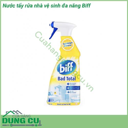 Nước tẩy rửa nhà vệ sinh đa năng Biff với công thức đặc biệt và hiệu suất làm sạch cực mạnh nhờ chức năng tạo bọt kép (loại bọt làm sạch cho phép bạn dễ dàng lựa chọn đúng khu vực vị trí cần làm sạch nhỏ hoặc rộng hơn) giúp đánh bay các vết ố bẩn lâu ngày trên đồ sành sứ như bồn rửa mặt bồn tắm bồn cầu tường gạch men kệ bếp giúp phòng bếp phòng tắm nhà vệ sinh luôn trắng sạch như mới