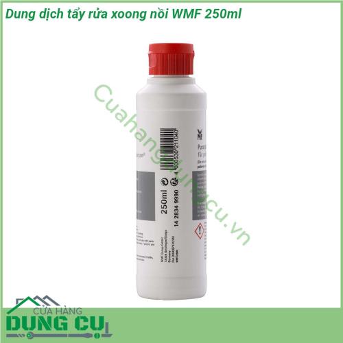 Dung dịch tẩy rửa xoong nồi WMF 250ml giúp làm sạch các vết ố vàng bị két bám bẩn bởi dầu mỡ khó đánh rửa một cách nhanh chóng đem lại vẻ sáng bóng cho xoong nồi Với thành phần khoáng chất làm sạch tự nhiên (canxi cacbonat) xà phòng tự nhiên và natri cacbonat (soda) nên rất vệ sinh và an toàn Không hại da tay và môi trường