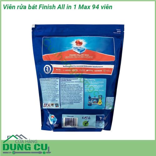 Viên rửa bát Finish All in 1 Max 94 viên là sự kết hợp của công thức enzyme đặc biệt tiên tiến với các thành phần độc đáo với chức năng tích hợp muối giúp loại bỏ cặn vôi do nước cứng gây ra   sử dụng cho đa dạng các dòng máy rửa chén với công dụng vượt trội giúp loại bỏ dầu mỡ vết bẩn cứng đầu nhanh chóng và triệt để