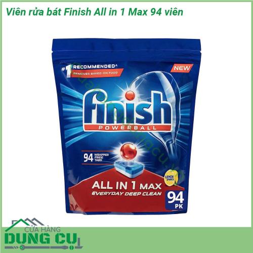 Viên rửa bát Finish All in 1 Max 94 viên là sự kết hợp của công thức enzyme đặc biệt tiên tiến với các thành phần độc đáo với chức năng tích hợp muối giúp loại bỏ cặn vôi do nước cứng gây ra   sử dụng cho đa dạng các dòng máy rửa chén với công dụng vượt trội giúp loại bỏ dầu mỡ vết bẩn cứng đầu nhanh chóng và triệt để