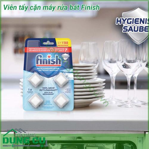 Viên tẩy cặn máy rửa bát Finish giúp loại bỏ hoàn toàn cặn vôi (canxi) và dầu mỡ tích tụ ở những nơi rất khó nhìn thấy cánh tay phun bộ lọc đường ống và máy bơm nước  nhờ công thức vệ sinh làm sạch kép Tất cả các loại dầu mỡ thực phẩm chất béo Nước vôi cứng Canxi đóng két sẽ được hòa tan đánh bay làm sạch loại bỏ một cách an toàn và hiểu quả ngay cả ở những nơi khó tiếp cận nhất như bộ lọc cánh tay phun khoang máy đường ống bơm nước vv…