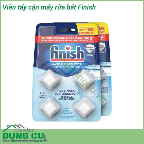 Viên tẩy cặn máy rửa bát Finish giúp loại bỏ hoàn toàn cặn vôi (canxi) và dầu mỡ tích tụ ở những nơi rất khó nhìn thấy cánh tay phun bộ lọc đường ống và máy bơm nước  nhờ công thức vệ sinh làm sạch kép Tất cả các loại dầu mỡ thực phẩm chất béo Nước vôi cứng Canxi đóng két sẽ được hòa tan đánh bay làm sạch loại bỏ một cách an toàn và hiểu quả ngay cả ở những nơi khó tiếp cận nhất như bộ lọc cánh tay phun khoang máy đường ống bơm nước vv…