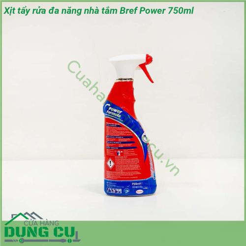 Xịt tẩy rửa đa năng nhà tắm Bref Power 750ml với công thức đặc biệt và hiệu suất làm sạch cực mạnh nhờ chức năng tạo bọt kép giúp loại bỏ ngay các vết bẩn cứng đầu như các vết bám bẩn vết đốm nước cặn kem đánh răng  cặn canxi gỉ sắt cặn xà phòng bám két lâu ngày trên gương  vách kính nhà tắm vòi chậu inox bồn rửa sen vòi bồn tắm tường gạch…