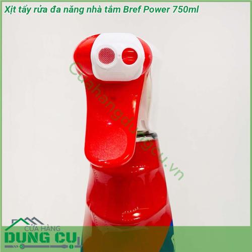 Xịt tẩy rửa đa năng nhà tắm Bref Power 750ml với công thức đặc biệt và hiệu suất làm sạch cực mạnh nhờ chức năng tạo bọt kép giúp loại bỏ ngay các vết bẩn cứng đầu như các vết bám bẩn vết đốm nước cặn kem đánh răng  cặn canxi gỉ sắt cặn xà phòng bám két lâu ngày trên gương  vách kính nhà tắm vòi chậu inox bồn rửa sen vòi bồn tắm tường gạch…