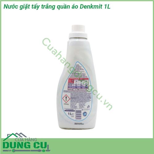 Nước giặt tẩy trắng quần áo Denkmit 1L làm sạch và bảo vệ các loại vải có chứa bông màu trắng và sáng màu  Vải được bảo vệ khỏi bị Oxi hoá nhanh chóng Cho một màu trắng rực rỡ – mà không cần bất kỳ chất tẩy trắng nào