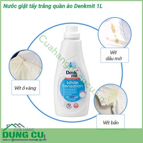 Nước giặt tẩy trắng quần áo Denkmit 1L làm sạch và bảo vệ các loại vải có chứa bông màu trắng và sáng màu  Vải được bảo vệ khỏi bị Oxi hoá nhanh chóng Cho một màu trắng rực rỡ – mà không cần bất kỳ chất tẩy trắng nào