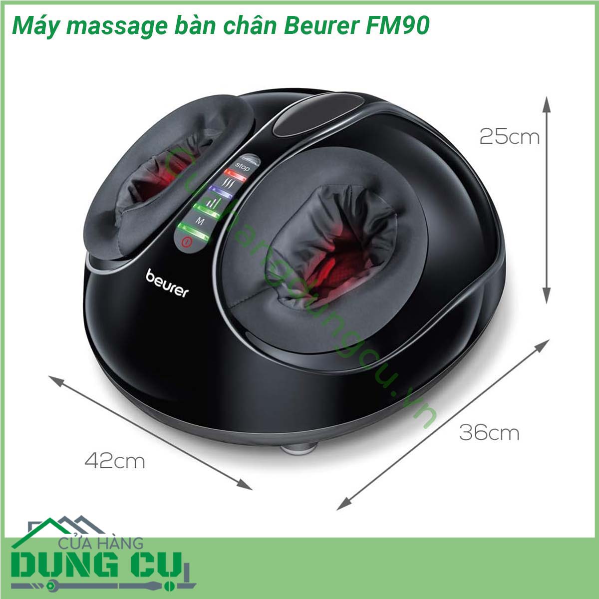 Máy massage bàn chân Beurer FM90 có kiểu dáng gọn gàng dễ sử dụng với hệ thống đèn LED giúp bạn quan sát dễ dàng các chức năng đang hoạt động vỏ máy có thể dễ dàng tháo rời để giặt sạch định kì đảm bảo vệ sinh Bên cạnh đó phần đặt bàn chân vừa vặn với cỡ giày 46 vì vậy mọi người trong gia đình đều có thể sử dụng  Máy massage này sẽ giúp kích thích tuần hoàn máu thúc đẩy tái tạo tế bào mới thư giãn các cơ bị căng cũng như tăng cường sức khỏe và độ dẻo dai cho đôi chân nâng cao sức khỏe cho bạn