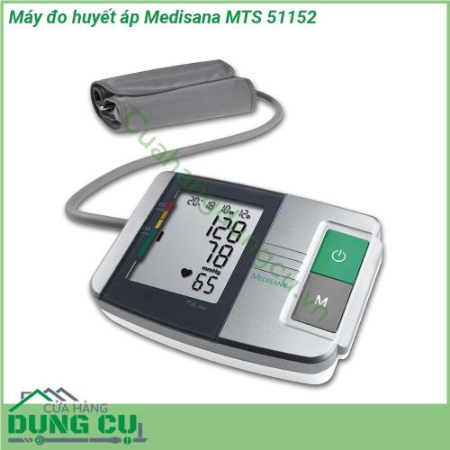 Máy đo huyết áp Medisana MTS 51152 đo huyết áp của bạn rất chính xác ở phần trên cánh tay Máy đo huyết áp được trang bị màn hình hiện thị dễ đọc Phân loại đo lường tiêu chuẩn của WHO Bộ nhớ 60 lần đo cho mỗi 2 người dùng Màn hình lớn dễ đọc hiển thị tâm thu tâm trương và nhịp tim cũng như ngày và giờ Sau một phút không sử dụng thiết bị sẽ tự động tắt Tùy chọn sử dụng bằng pin hoặc qua bộ xạc điện kèm theo Di chuyển dễ dàng và an toàn khi đi công tác du lịch