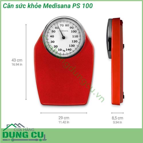 Cân sức khỏe Medisana PS 100 với thiết kế hiện đại cùng kiểu dáng sang trọng toàn bộ thân máy làm bằng thép không rỉ dày dặn và chắc chắn phần mặt trên được tráng lớp sơn màu đỏ chống trơn trượt an toàn cho người cân đặc biệt là người già và trẻ em