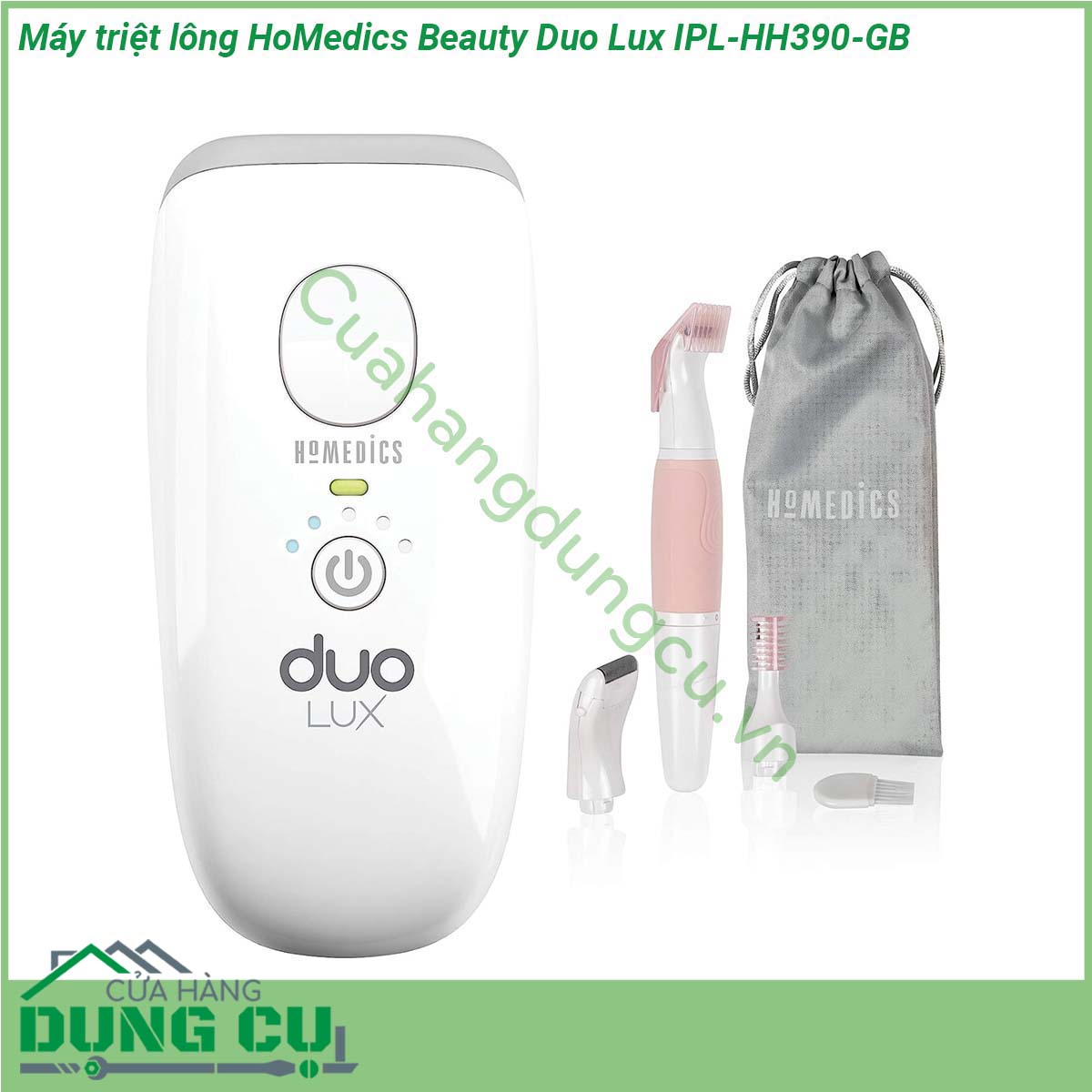 Máy triệt lông HoMedics Beauty Duo Lux IPL-HH390-GB là một thiết bị triệt lông nhỏ gon thiết kế thời trang Máy triệt lông dễ dàng sử dụng tại nhà Với công nghệ huỳnh quang tiên tiến (AFT) Freeglide và Intense Pulse Light (IPL) cung cấp các phương pháp điều trị linh hoạt đem lại hiệu quả cao nhất trong các công nghệ triệt lông