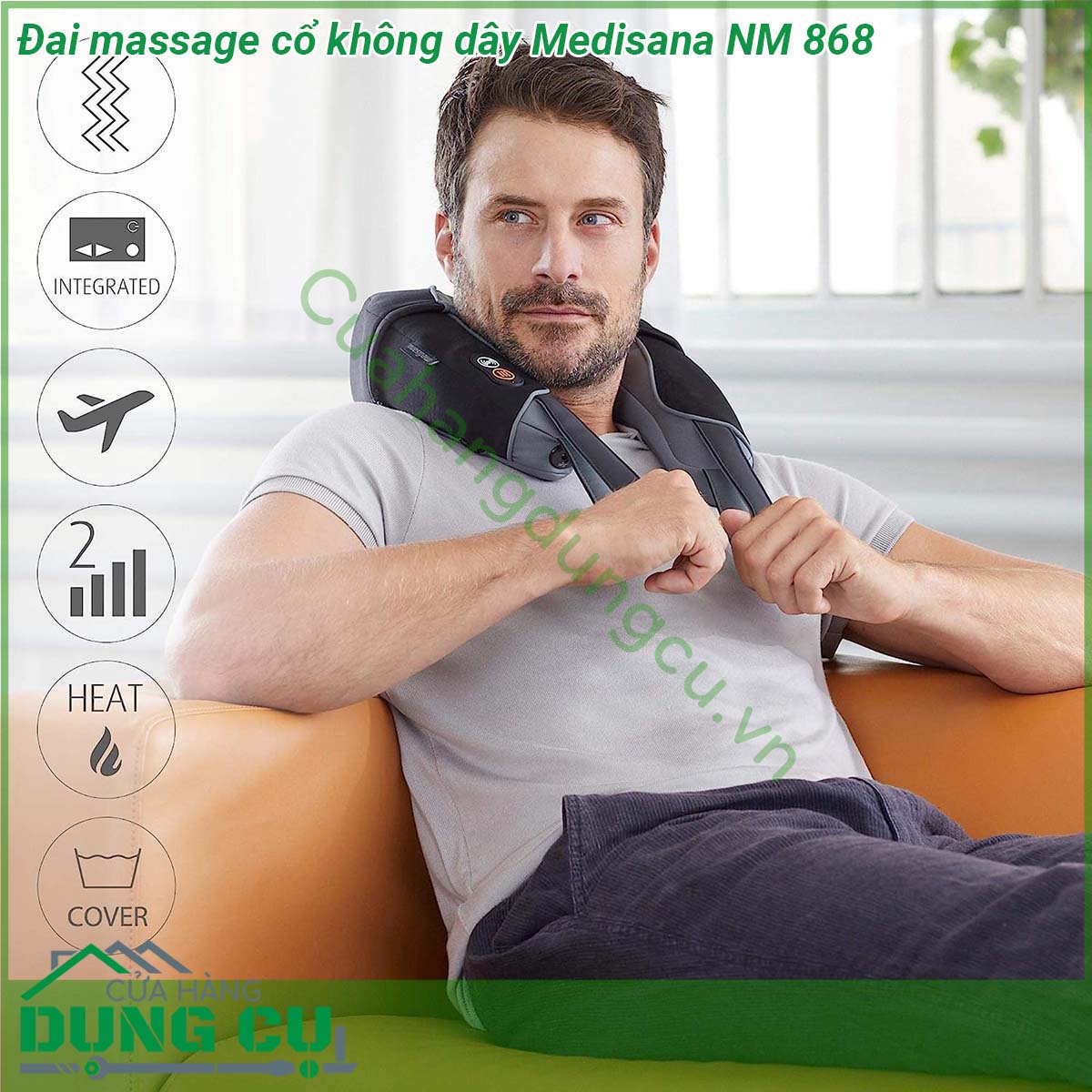 Đai massage cổ không dây Medisana NM 868 có thiết kế đơn giản  vận hành rất nhẹ nhàng và chính xác trên các vùng cơ căng thẳng của cơ thể giúp thư giãn Medisana NM 868 có thể sử dụng với cả nguồn điện và chạy bằng pin tích hợp bảng điều khiển giúp vận hành đơn giản nhỏ gọn không giây