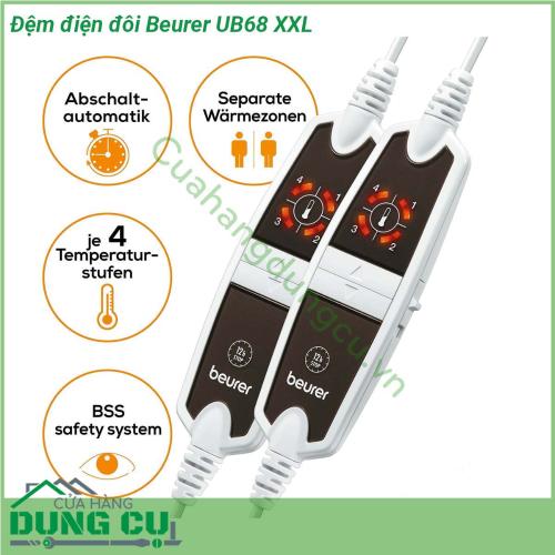 Đệm điện đôi Beurer UB68 XXL được hoạt động trên nguyên tắc cảm ứng thân nhiệt rất hiện đại trong đệm điện Beurer UB68XXL có gắn nhiệt kế cực nhỏ ở bề mặt trong đệm và một bộ điều khiển tích hợp đồng hồ hiển thị nhiệt độ Chế độ tự động ngắt sau khi hoạt động được khoảng 12 giờ có 4 nút tự động điều chỉnh nhiệt độ và tự động ngắt điện khi có sự cố đồng thời sản phẩm có thể giặt được bằng máy giặt hoặc bằng tay