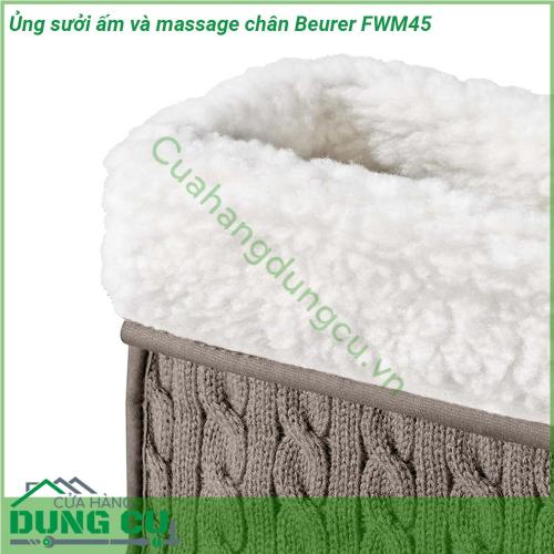 Ủng sưởi ấm và massage chân Beurer FWM45 được làm bằng lớp lông mịn bên trong bên ngoài là lớp vải dầy màu bắt mắt chiếc ủng này sử dụng nguồn điện để làm nóng phần đệm bông mang lại cho bạn cảm giác ấm áp dễ chịu Với Ủ ấm massage chân Beurer FWM45 bạn chỉ cần cho chân vào trong và giữ trong khoảng vài phút hơi ấm sẽ đi từ chân lan tỏa khắp cơ thể bạn mang lại cảm giác ấm áp nhanh chóng