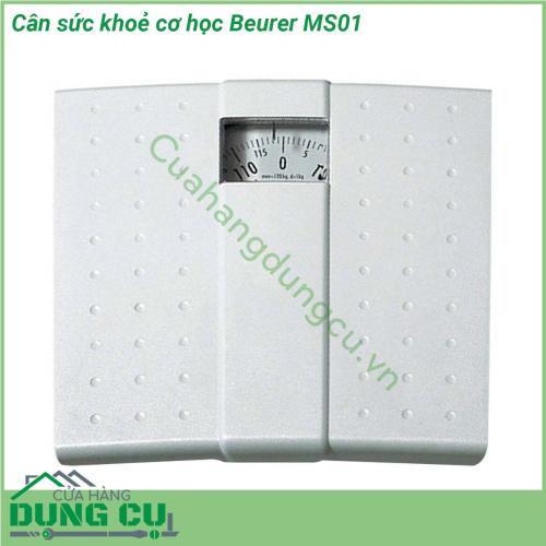 Cân sức khoẻ cơ học Beurer MS01 được gọn nhẹ có mặt chống trơn trượt an toàn cho người cân đặc biệt là người già và trẻ em Cân cơ học beurer MS01 có gam màu trắng tự nhiên Màn hình dễ đọc thiết kế hiện đại dễ lau chùi cân tối đa 120kg và đặc biệt có thể sử dụng mà không cần Pin