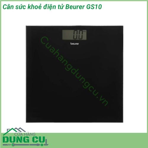 Cân sức khoẻ điện tử Beurer GS10 cung cấp chỉ số cân nặng chính xác cho người con vật hàng hóa trọng lượng tải chịu được tối đa lên đến 180 kg  Cân điện tử Beurer GS10 thiết kế sang trọng tăng tính thẩm mỹ cho không gian sử dụng giúp bạn theo dõi thường xuyên cân nặng của mình để cải thiện sức khỏe vóc dáng hiệu quả