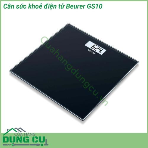 Cân sức khoẻ điện tử Beurer GS10 cung cấp chỉ số cân nặng chính xác cho người con vật hàng hóa trọng lượng tải chịu được tối đa lên đến 180 kg  Cân điện tử Beurer GS10 thiết kế sang trọng tăng tính thẩm mỹ cho không gian sử dụng giúp bạn theo dõi thường xuyên cân nặng của mình để cải thiện sức khỏe vóc dáng hiệu quả