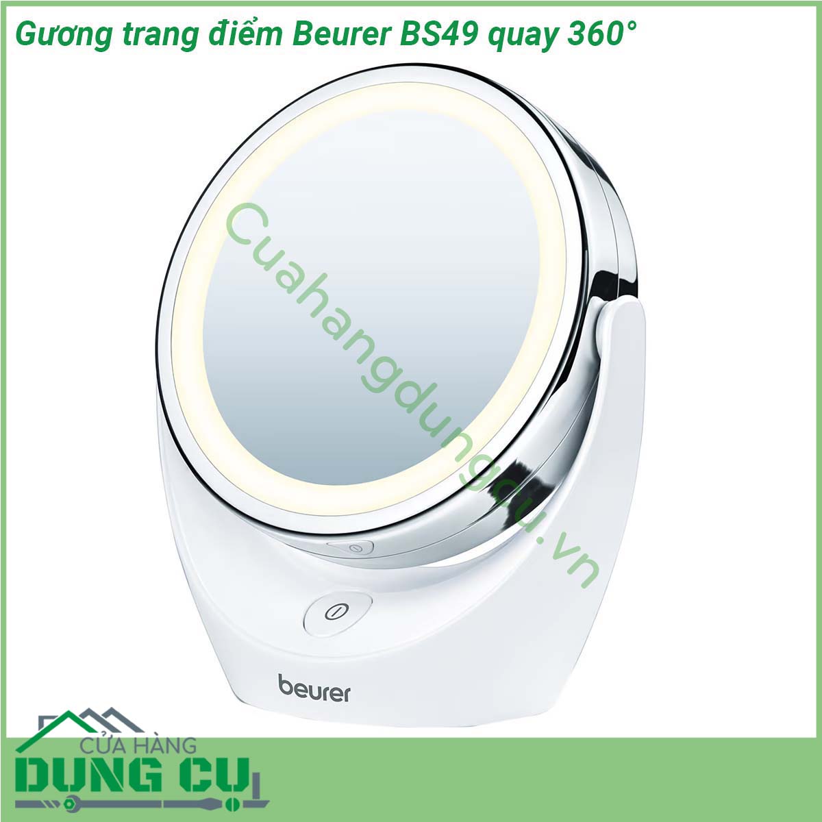 Gương trang điểm Beurer BS49 quay 360° với kích thước nhỏ gọn 450g bề mặt gương rộng 11cm chiều cao-rộng- sâu là 17 5 x 19 x 10 cm sử dụng pin AAA 1 5V để duy trì hoạt động của 12 đèn LED  Với thiết kế đế đỡ có thể xoay đến 360 độ  gương trang điểm 2 mặt Beurer BS49 giúp bạn dễ dàng thay đổi giữa 2 mặt gương cho bạn sự linh hoạt khi sử dụng