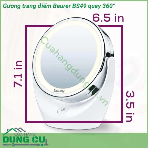 Gương trang điểm Beurer BS49 quay 360° với kích thước nhỏ gọn 450g bề mặt gương rộng 11cm chiều cao-rộng- sâu là 17 5 x 19 x 10 cm sử dụng pin AAA 1 5V để duy trì hoạt động của 12 đèn LED  Với thiết kế đế đỡ có thể xoay đến 360 độ  gương trang điểm 2 mặt Beurer BS49 giúp bạn dễ dàng thay đổi giữa 2 mặt gương cho bạn sự linh hoạt khi sử dụng