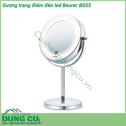 Gương trang điểm đèn led Beurer BS55 với thiết kế thanh lịch và vượt thời gian chiếc gương chất lượng cao phù hợp với bất kỳ phòng tắm hiện đại nào Bạn có thể thay đổi mức độ nghiêng của bề mặt gương cũng như điều chỉnh ánh sáng của đèn Đèn nền tự động tắt 15 phút sau khi bắt đầu sử dụng  Ánh sáng từ gương có 18 đèn LED rất thật soi rõ gương mặt giúp các bạn có thể trang điểm nhanh chính xác khi nhà thiếu sáng mà không cần phải bật đèn của cả nhà