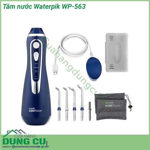 Tăm nước Waterpik WP-563 là máy tăm nước không dây tiên tiến nhất cho đến nay  Máy có thiết kế hiện đại sang trọng với hệ thống sạc pin nhanh bằng nam châm máy hoạt động êm ái có 3 cấp độ phun đầu phun có thể xoay 360 độ dễ thêm nước vào bình chứa (đủ nước sử dụng trong 45-60 giây tùy theo cấp độ phun) có thể sử dụng trong khi đang tắm