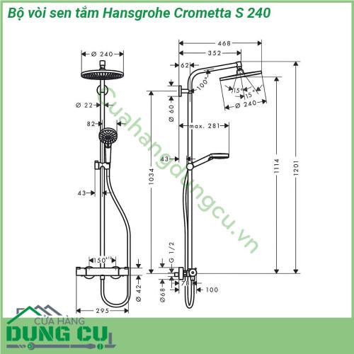 Bộ vòi sen tắm Hansgrohe Crometta S 240 gồm một sen tay 1 bát sen trần 1 dây cấp nước 1 bộ điều chỉnh nhiệt độ 1 thanh trượt  Sản phẩm được làm từ chất liệu đồng không có chì nên an toàn khi sử dụng và dễ dàng làm sạch các lỗ nước bằng silicon Các đầu vòi làm bàng Silicon đặc biệt giúp dễ lau chùi và chống bám bẩn trên thiết bị vệ sinh BOLTIC LEVER LOCK tay nắm được khóa chặt hơn tránh tình trạng nhỏ nước