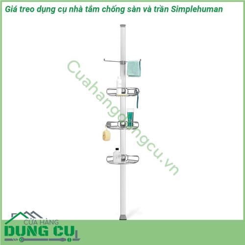 Giá treo dụng cụ nhà tắm chống sàn và trần Simplehuman được làm từ chất liệu thép cao cấp sáng bóng chống ăn mòn cực kỳ an toàn với thiết kế suction cup kẹp vào kính ở đầu trên và hút chặt ở đầu dưới Giúp cho nhà tắm ngăn nắp gọn gàng tiết kiệm diện tích khi cần có thể di chuyển hoặc tháo lắp dễ dàng  Giá treo có hỗ trợ từ cả bên trên và bên dưới Điều này đảm bảo rằng chúng sẽ không lắc lư giống như các thiết bị cố định được tích hợp sẵn