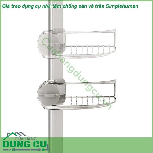 Giá treo dụng cụ nhà tắm chống sàn và trần Simplehuman được làm từ chất liệu thép cao cấp sáng bóng chống ăn mòn cực kỳ an toàn với thiết kế suction cup kẹp vào kính ở đầu trên và hút chặt ở đầu dưới Giúp cho nhà tắm ngăn nắp gọn gàng tiết kiệm diện tích khi cần có thể di chuyển hoặc tháo lắp dễ dàng  Giá treo có hỗ trợ từ cả bên trên và bên dưới Điều này đảm bảo rằng chúng sẽ không lắc lư giống như các thiết bị cố định được tích hợp sẵn