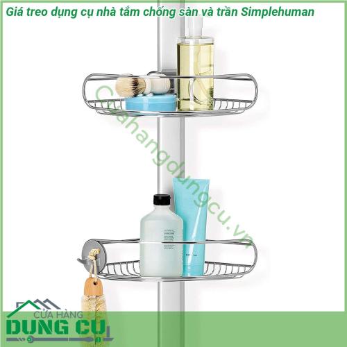 Giá treo dụng cụ nhà tắm chống sàn và trần Simplehuman được làm từ chất liệu thép cao cấp sáng bóng chống ăn mòn cực kỳ an toàn với thiết kế suction cup kẹp vào kính ở đầu trên và hút chặt ở đầu dưới Giúp cho nhà tắm ngăn nắp gọn gàng tiết kiệm diện tích khi cần có thể di chuyển hoặc tháo lắp dễ dàng  Giá treo có hỗ trợ từ cả bên trên và bên dưới Điều này đảm bảo rằng chúng sẽ không lắc lư giống như các thiết bị cố định được tích hợp sẵn