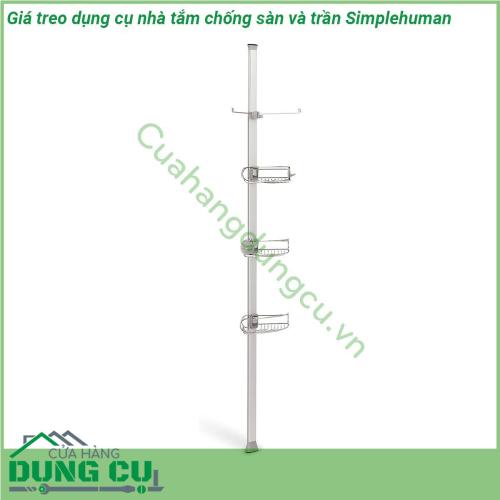 Giá treo dụng cụ nhà tắm chống sàn và trần Simplehuman được làm từ chất liệu thép cao cấp sáng bóng chống ăn mòn cực kỳ an toàn với thiết kế suction cup kẹp vào kính ở đầu trên và hút chặt ở đầu dưới Giúp cho nhà tắm ngăn nắp gọn gàng tiết kiệm diện tích khi cần có thể di chuyển hoặc tháo lắp dễ dàng  Giá treo có hỗ trợ từ cả bên trên và bên dưới Điều này đảm bảo rằng chúng sẽ không lắc lư giống như các thiết bị cố định được tích hợp sẵn