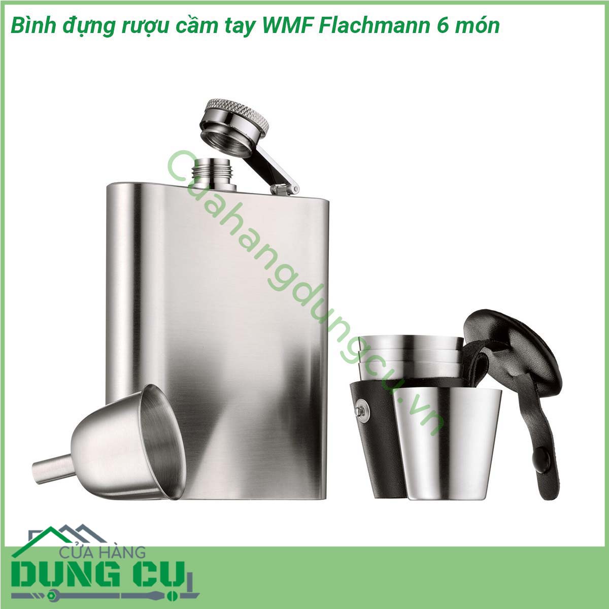 Bình đựng rượu cầm tay WMF Flachmann 6 món được làm từ chất liệu thép không gỉ Cromargan 18 10 không mùi vị chống được axit cực kì an toàn cho sức khỏe Kiểu bình bo dẹp độc nhất chắc chắn đơn giản mà tinh tế nắp đậy kín không để chảy hoặc bay hơi rượu quý bên trong bình  Bình có thiết kế chống rò rỉ hoàn toàn đảm bảo không có giọt nào thoát ra ngoài bất kể hoạt động nào Trong khi phễu đi kèm đổ đầy bình dễ dàng và không bị tràn