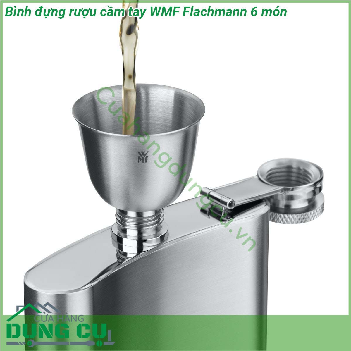 Bình đựng rượu cầm tay WMF Flachmann 6 món được làm từ chất liệu thép không gỉ Cromargan 18 10 không mùi vị chống được axit cực kì an toàn cho sức khỏe Kiểu bình bo dẹp độc nhất chắc chắn đơn giản mà tinh tế nắp đậy kín không để chảy hoặc bay hơi rượu quý bên trong bình  Bình có thiết kế chống rò rỉ hoàn toàn đảm bảo không có giọt nào thoát ra ngoài bất kể hoạt động nào Trong khi phễu đi kèm đổ đầy bình dễ dàng và không bị tràn