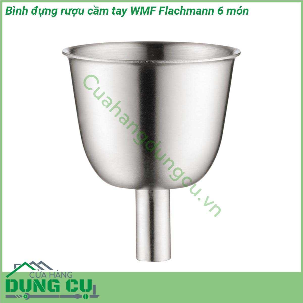 Bình đựng rượu cầm tay WMF Flachmann 6 món được làm từ chất liệu thép không gỉ Cromargan 18 10 không mùi vị chống được axit cực kì an toàn cho sức khỏe Kiểu bình bo dẹp độc nhất chắc chắn đơn giản mà tinh tế nắp đậy kín không để chảy hoặc bay hơi rượu quý bên trong bình  Bình có thiết kế chống rò rỉ hoàn toàn đảm bảo không có giọt nào thoát ra ngoài bất kể hoạt động nào Trong khi phễu đi kèm đổ đầy bình dễ dàng và không bị tràn