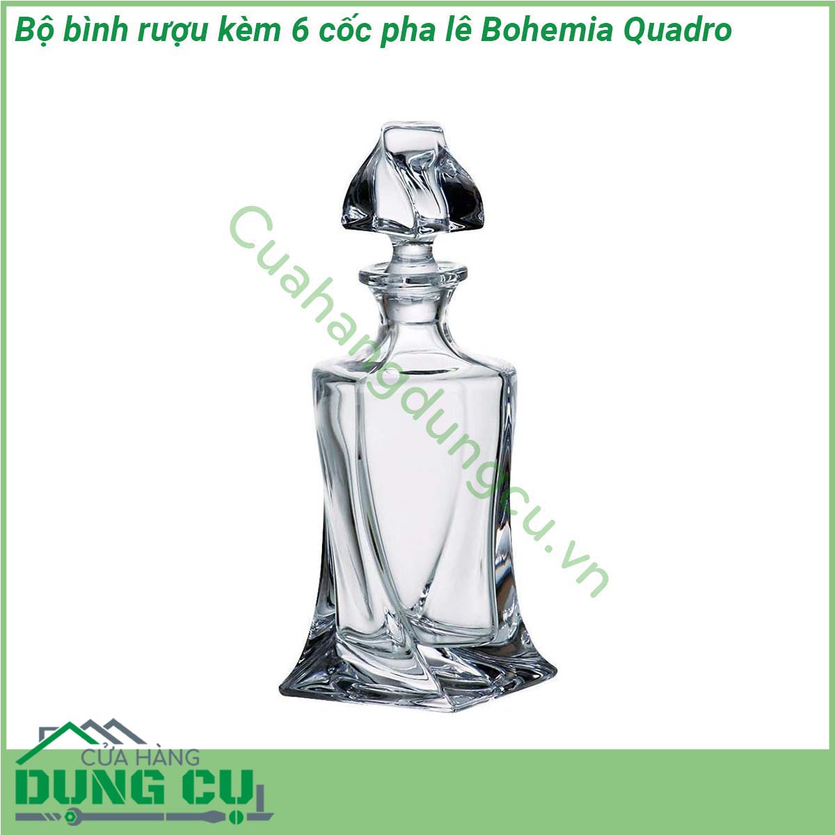 Bộ bình rượu 400ml + 6 cốc pha lê Bohemia Quadro 55ml được làm bằng pha lê cao cấp có thể chịu nhiệt lên hơn 400 độ C  không có chứa chất BPA  Bình rượu có thiết kế thân bình và nắp đậy cao cấp tạo nên sự tinh tế và đẳng cấp Các cốc pha lê Quadro có thiết kế đơn giản nhỏ gọn và vẻ đẹp khó cưỡng mang đến sự thanh lịch và sang trọng cho mỗi lần sử dụng