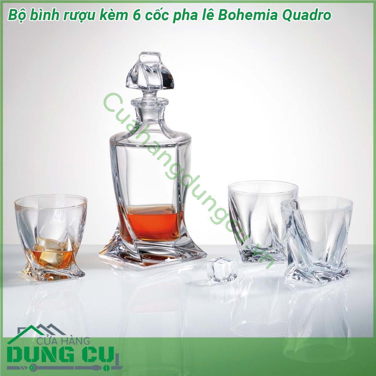 Bộ bình rượu 400ml + 6 cốc pha lê Bohemia Quadro 55ml được làm bằng pha lê cao cấp có thể chịu nhiệt lên hơn 400 độ C  không có chứa chất BPA  Bình rượu có thiết kế thân bình và nắp đậy cao cấp tạo nên sự tinh tế và đẳng cấp Các cốc pha lê Quadro có thiết kế đơn giản nhỏ gọn và vẻ đẹp khó cưỡng mang đến sự thanh lịch và sang trọng cho mỗi lần sử dụng