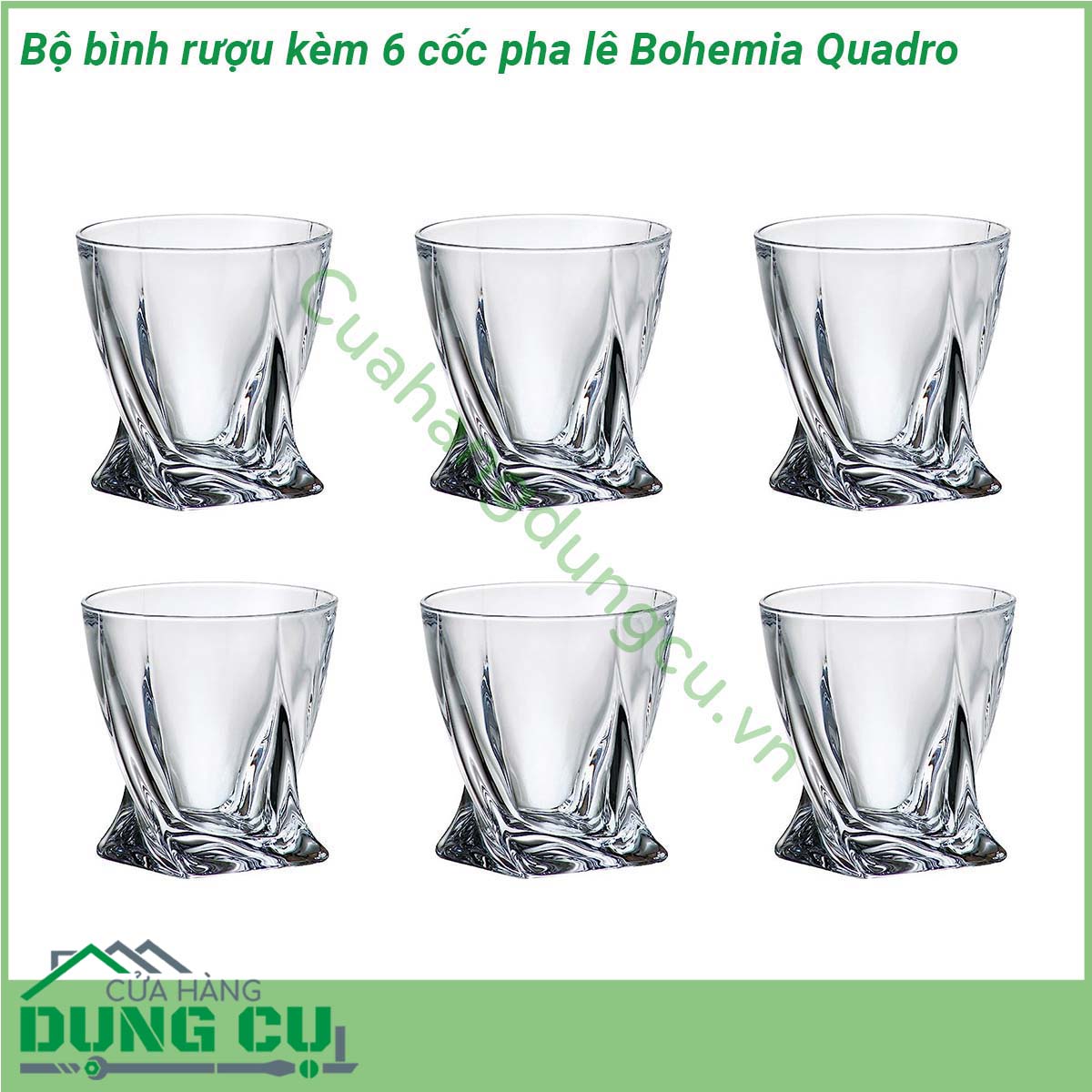 Bộ bình rượu 400ml + 6 cốc pha lê Bohemia Quadro 55ml được làm bằng pha lê cao cấp có thể chịu nhiệt lên hơn 400 độ C  không có chứa chất BPA  Bình rượu có thiết kế thân bình và nắp đậy cao cấp tạo nên sự tinh tế và đẳng cấp Các cốc pha lê Quadro có thiết kế đơn giản nhỏ gọn và vẻ đẹp khó cưỡng mang đến sự thanh lịch và sang trọng cho mỗi lần sử dụng