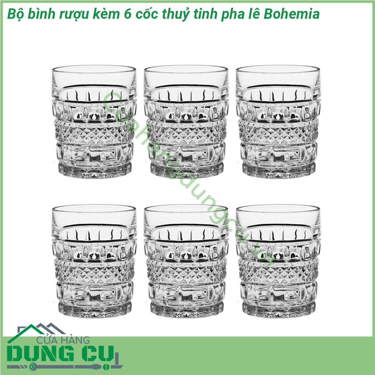 Bộ bình rượu kèm 6 cốc thuỷ tinh pha lê Bohemia được làm từ pha lê trong suốt thuần khiết không bọt bong bóng độ chiết quang cao các họa tiết trang trí mài tỉ mỉ bền và đẹp  Kiểu dáng hiện đại tinh tế kết hợp các đường cắt bằng kim cương và hình khắc theo phong cách Ireland lấp lánh rực rỡ Trọng lượng nặng của vật liệu phong phú tạo cảm giác hài lòng khi bạn cầm trên tay và mang lại độ bền và sang trọng cho sản phẩm  