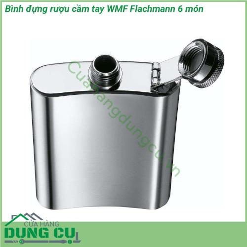 Bình đựng rượu cầm tay WMF Flachmann 6 món được làm từ chất liệu thép không gỉ Cromargan 18 10 không mùi vị chống được axit cực kì an toàn cho sức khỏe Kiểu bình bo dẹp độc nhất chắc chắn đơn giản mà tinh tế nắp đậy kín không để chảy hoặc bay hơi rượu quý bên trong bình  Bình có thiết kế chống rò rỉ hoàn toàn đảm bảo không có giọt nào thoát ra ngoài bất kể hoạt động nào Trong khi phễu đi kèm đổ đầy bình dễ dàng và không bị tràn