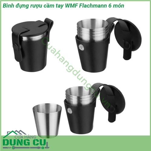 Bình đựng rượu cầm tay WMF Flachmann 6 món được làm từ chất liệu thép không gỉ Cromargan 18 10 không mùi vị chống được axit cực kì an toàn cho sức khỏe Kiểu bình bo dẹp độc nhất chắc chắn đơn giản mà tinh tế nắp đậy kín không để chảy hoặc bay hơi rượu quý bên trong bình  Bình có thiết kế chống rò rỉ hoàn toàn đảm bảo không có giọt nào thoát ra ngoài bất kể hoạt động nào Trong khi phễu đi kèm đổ đầy bình dễ dàng và không bị tràn