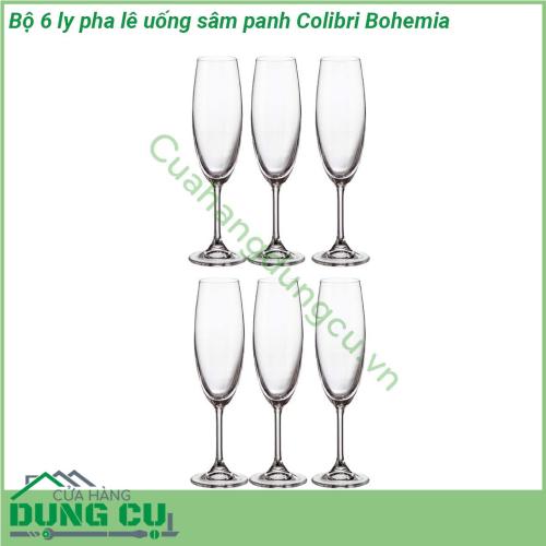 Ly pha lê uống sâm panh Colibri Bohemia 6 ly được làm từ thủy tinh pha lê có độ tinh khiết cao Chất liệu cao cấp sáng bóng đẹp mắt với độ bền cao chịu nhiệt tốt hạn chế nứt vỡ do tác động của nhiệt và an toàn tuyệt đối cho sức khỏe người dùng và không chứa thành phần độc hại đảm bảo an toàn cho sức khỏe