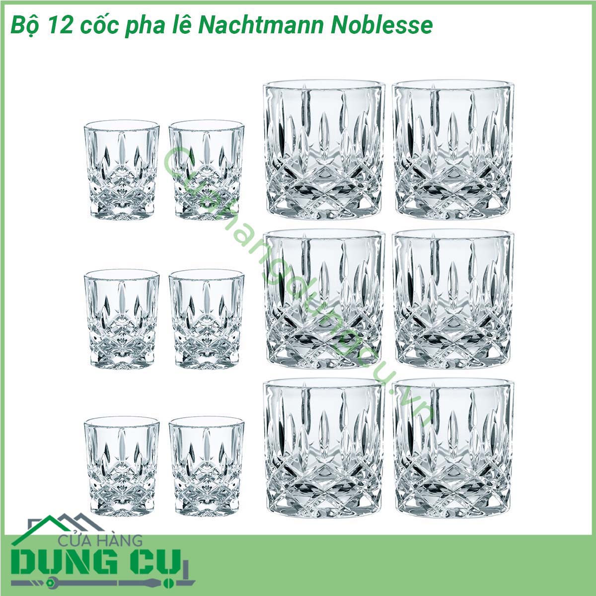 Bộ 12 cốc pha lê Nachtmann Noblesse nhẹ bền có khả năng chịu lực tốt màu sắc và độ sáng bóng không bị mai một với thời gian Nachtmann Noblesse được sản xuất 100 tại Đức Có khả năng chịu nhiệt lên tới 65 độ C và có thể vệ sinh an toàn bằng máy rửa bát  không làm suy giảm chất lượng thủy tinh sau nhiều lần rửa