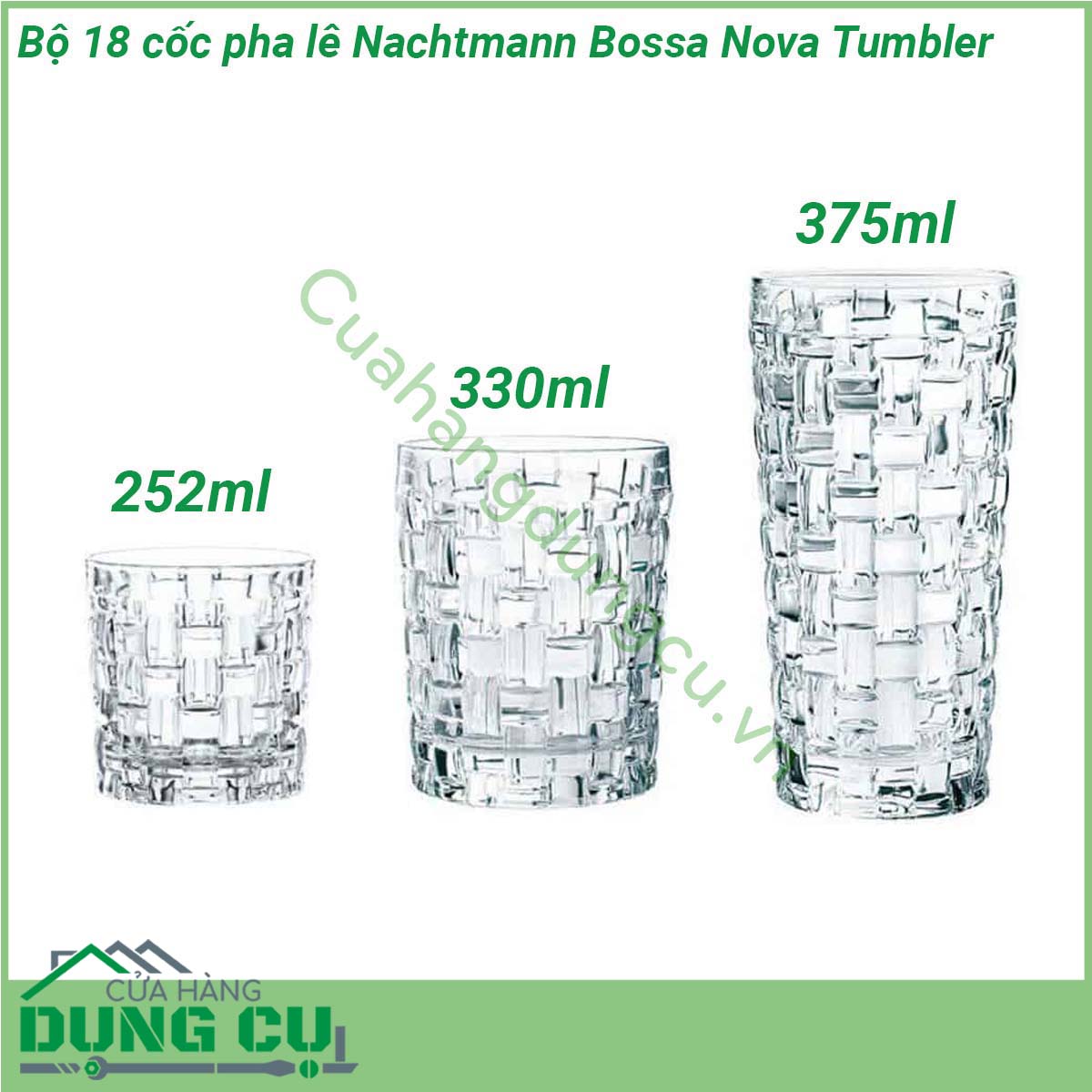 Bộ 18 cốc pha lê Nachtmann Bossa Nova Tumbler kiểu dáng hiện đại tinh tế sang trọng độc đáo Được tạo ra bởi những nhà thiết kế xuất sắc  Bộ 18 cốc pha lê Nachtmann Bossa Nova được chế tác với nghệ thuật thổi thủ công truyền thống nổi tiếng của Đức Các công đoạn chế tác như ép thổi cắt đánh bóng được tiến hành cầu kỳ tỷ mỉ đạt tới tiêu chuẩn hoàn hảo nhất