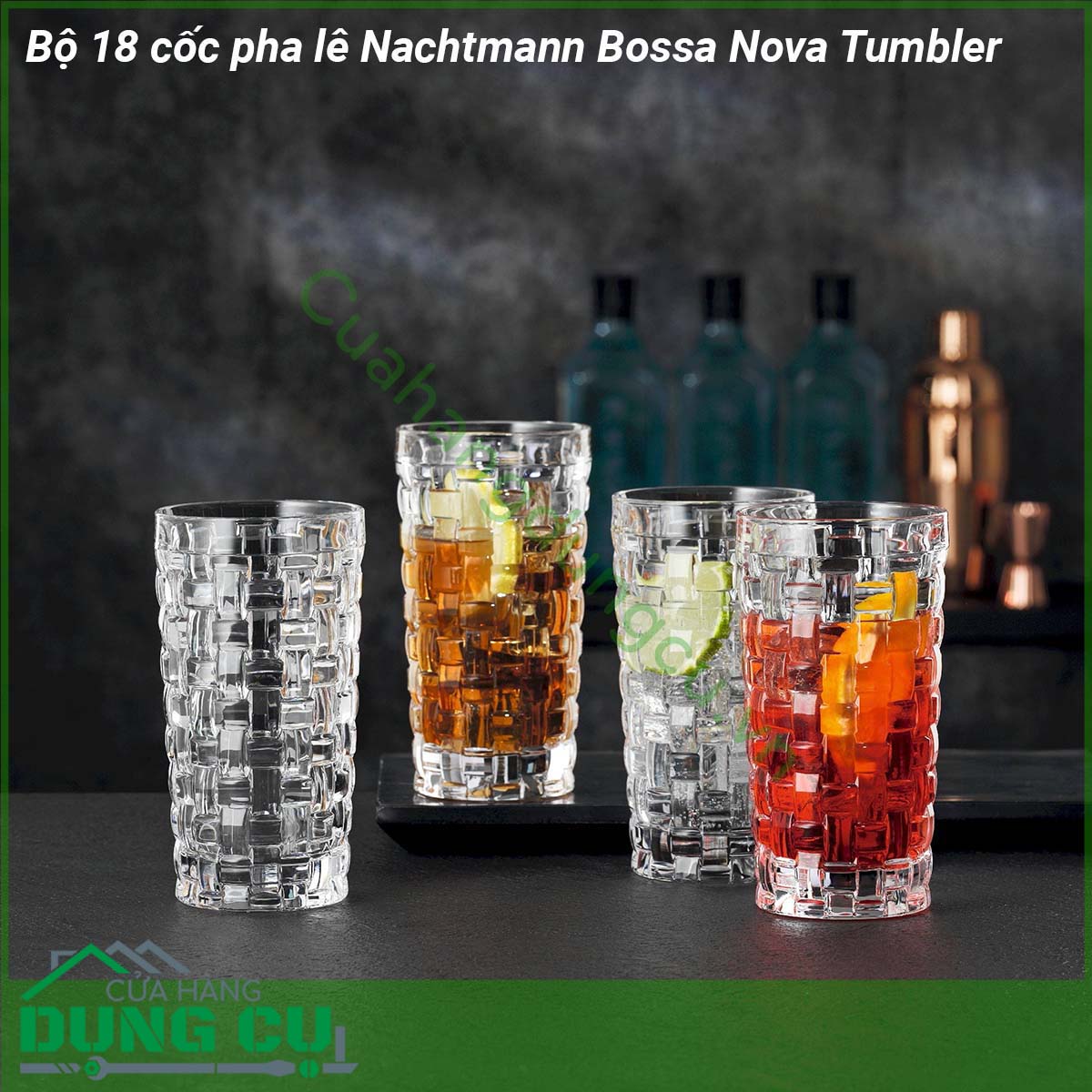 Bộ 18 cốc pha lê Nachtmann Bossa Nova Tumbler kiểu dáng hiện đại tinh tế sang trọng độc đáo Được tạo ra bởi những nhà thiết kế xuất sắc  Bộ 18 cốc pha lê Nachtmann Bossa Nova được chế tác với nghệ thuật thổi thủ công truyền thống nổi tiếng của Đức Các công đoạn chế tác như ép thổi cắt đánh bóng được tiến hành cầu kỳ tỷ mỉ đạt tới tiêu chuẩn hoàn hảo nhất