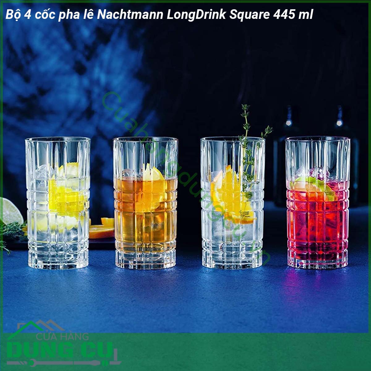 Bộ 4 cốc pha lê Nachtmann LongDrink Square 445 ml được làm bằng nguyên liệu pha lê trong suốt kết hợp với các họa tiết góc cạnh  phản chiếu ánh sáng tốt  Cốc phù hợp và an toàn để đựng tất cả các loại đồ uống đặc biệt là là những đồ uống có màu sắc như nước ép các loại trái cây