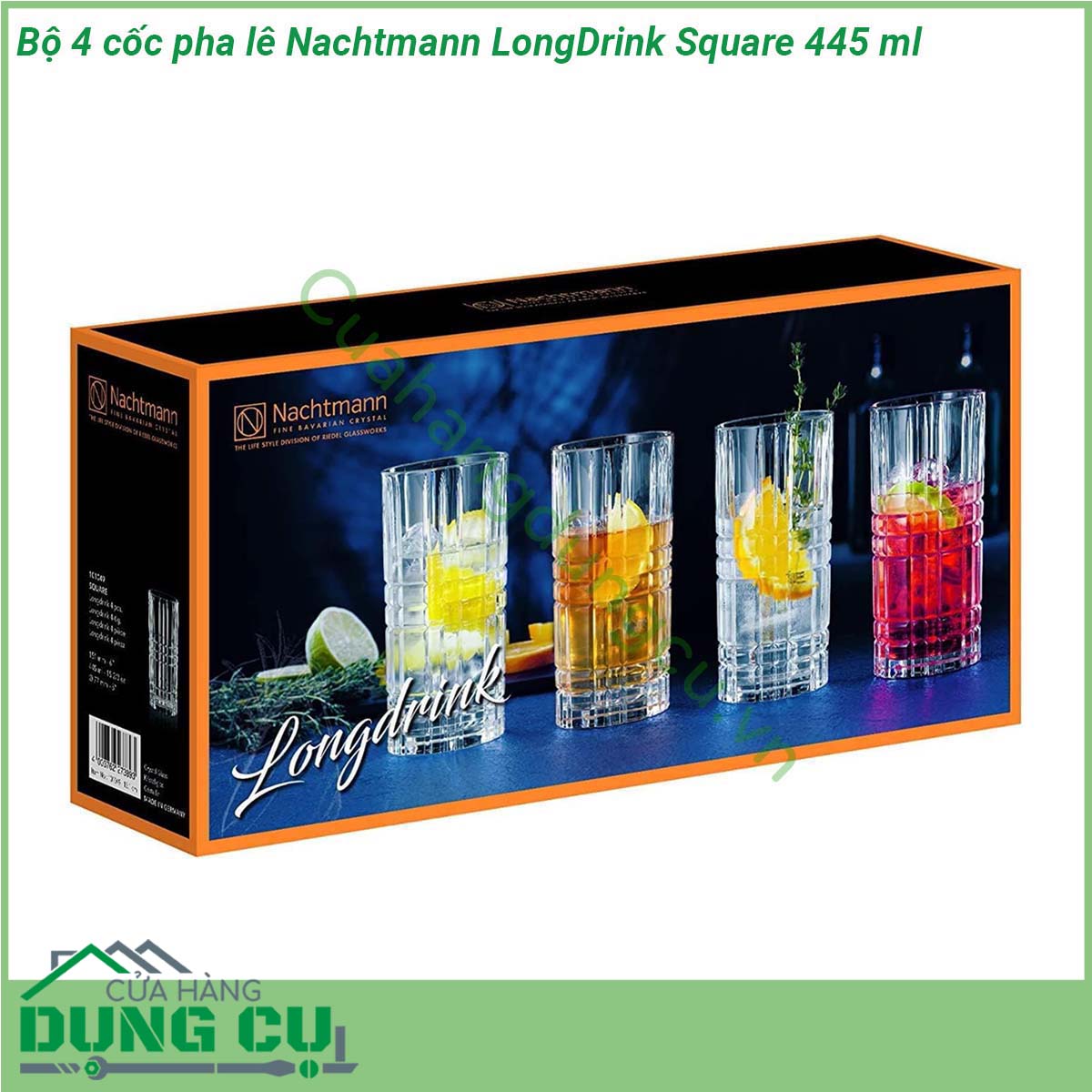 Bộ 4 cốc pha lê Nachtmann LongDrink Square 445 ml được làm bằng nguyên liệu pha lê trong suốt kết hợp với các họa tiết góc cạnh  phản chiếu ánh sáng tốt  Cốc phù hợp và an toàn để đựng tất cả các loại đồ uống đặc biệt là là những đồ uống có màu sắc như nước ép các loại trái cây