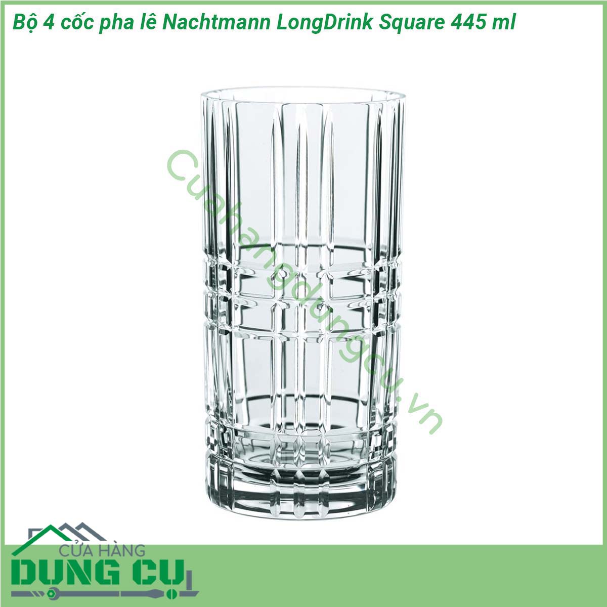 Bộ 4 cốc pha lê Nachtmann LongDrink Square 445 ml được làm bằng nguyên liệu pha lê trong suốt kết hợp với các họa tiết góc cạnh  phản chiếu ánh sáng tốt  Cốc phù hợp và an toàn để đựng tất cả các loại đồ uống đặc biệt là là những đồ uống có màu sắc như nước ép các loại trái cây