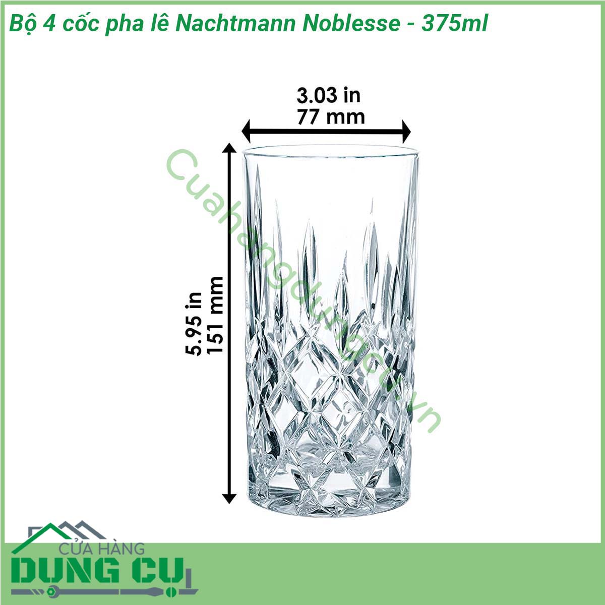 Bộ 4 cốc pha lê Nachtmann Noblesse - 375ml được làm từ pha lê tốt đủ bền để sử dụng hàng ngày Pha lê Nachtmann cực kỳ bền và tiện dụng chất liệu pha lê chất lượng cao khúc xạ ánh sáng rực rỡ khiến bộ đĩa thực sự sang trọng và nổi bật Pha lê Nachtmann là món quà lý tưởng cho những dịp sinh nhật đám cưới hoặc lễ tết  Pha lê Natchmann nhẹ mà bền màu sắc và độ sáng bóng không bị mai một với thời gian